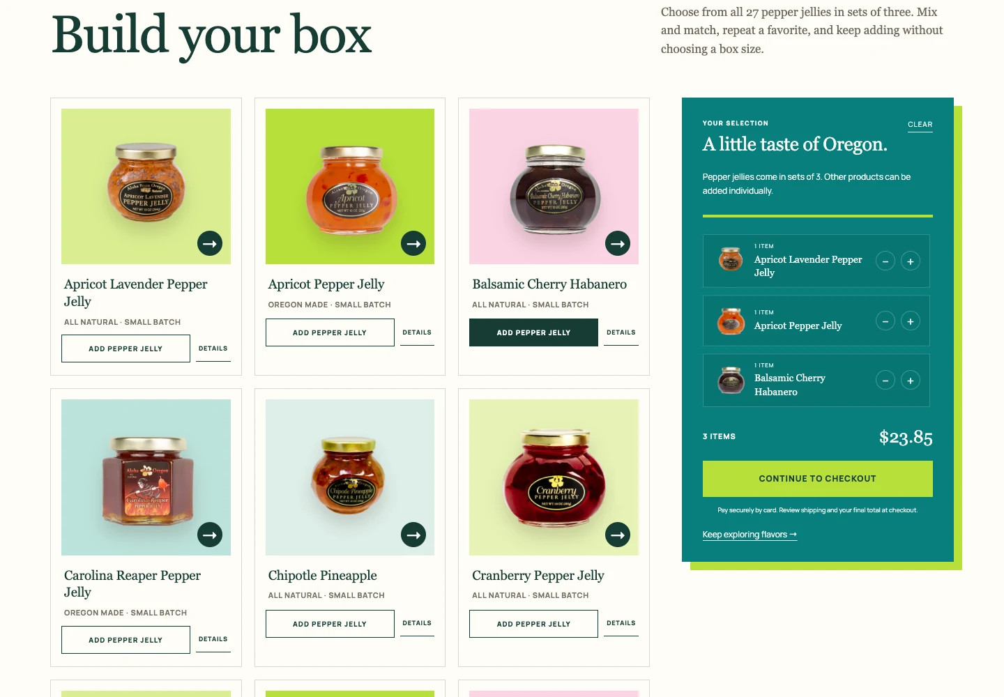 Homepage builder · scrolled section with three example selections; no order placed