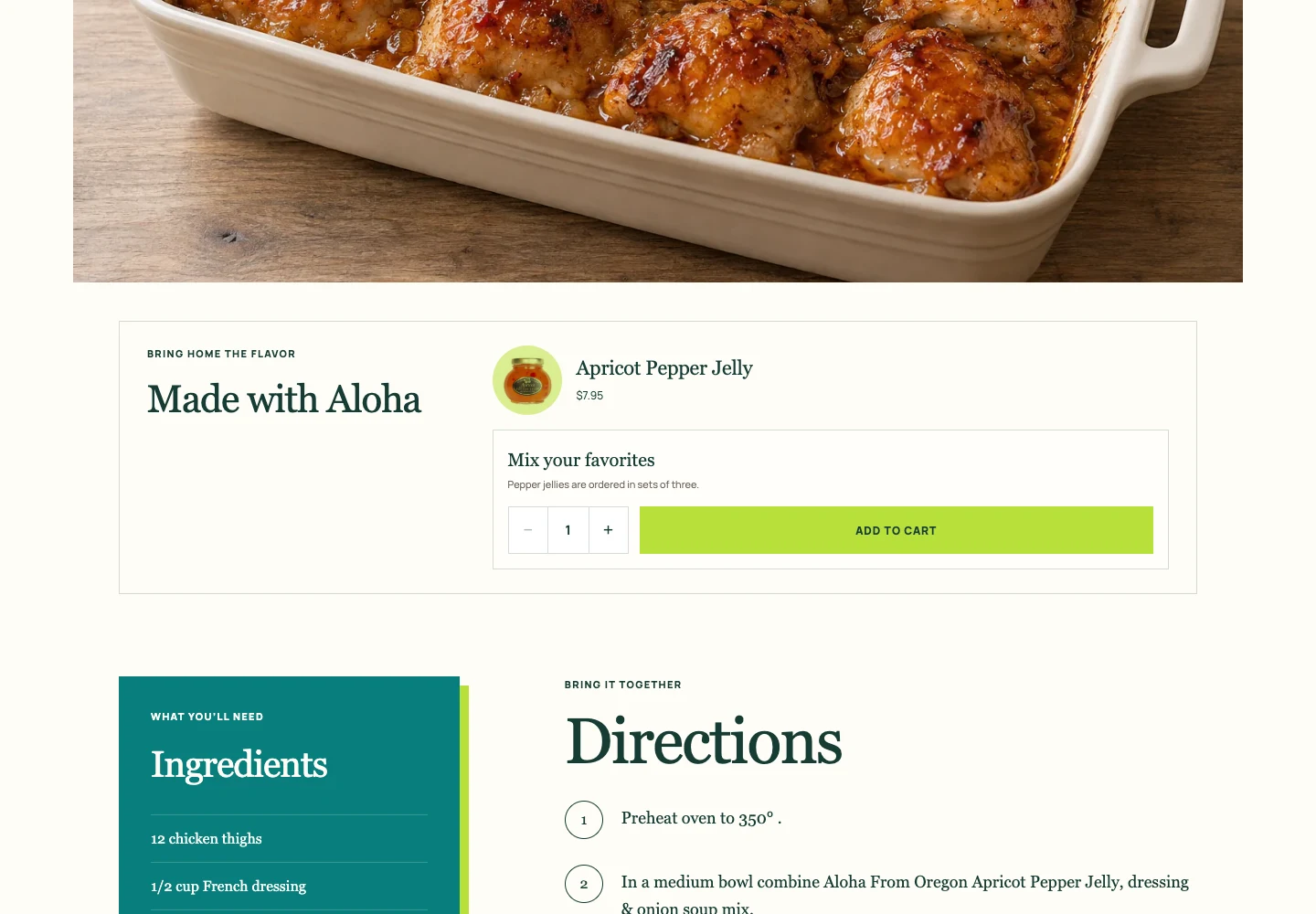 Redesigned recipe · scrolled to ingredient shopping; dish image is a generated serving illustration